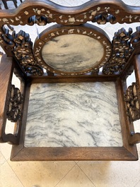 A pair of Chinese marble-inset mother-of-pearl-inlaid hongmu chairs, 19th C.