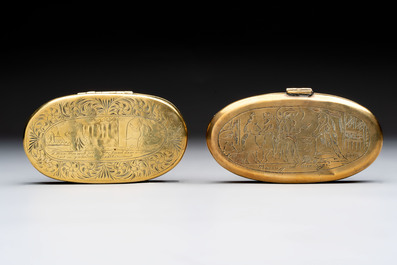 A group of four copper and brass engraved tobacco boxes, The Netherlands, 18th C.