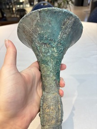 A Chinese archaic bronze wine vessel, Gu 觚, Shang