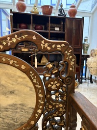 A pair of Chinese marble-inset mother-of-pearl-inlaid hongmu chairs, 19th C.