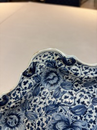 A fine blue and white Dutch Delft strawberry strainer and stand, 18th C.