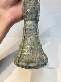 A Chinese archaic bronze wine vessel, Gu 觚, Shang