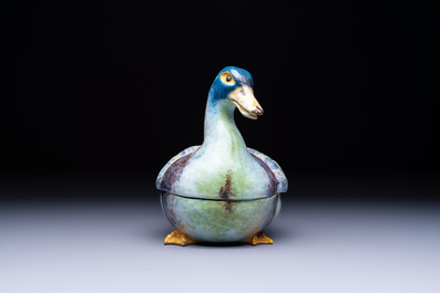 A polychrome French faience duck-form tureen and cover, possibly Bordeaux, 18th C.