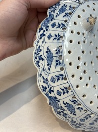 A blue and white Dutch Delft Kangxi-style strawberry strainer and stand, 18th C.