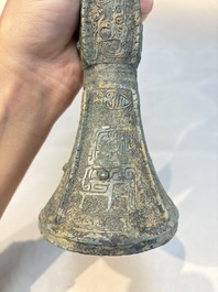 A Chinese archaic bronze wine vessel, Gu 觚, Shang