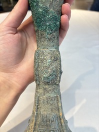 A Chinese archaic bronze wine vessel, Gu 觚, Shang