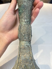 A Chinese archaic bronze wine vessel, Gu 觚, Shang