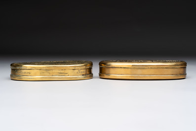 A group of four copper and brass engraved tobacco boxes, The Netherlands, 18th C.