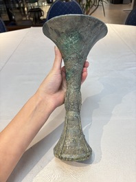 A Chinese archaic bronze wine vessel, Gu 觚, Shang