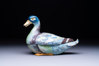 A polychrome French faience duck-form tureen and cover, possibly Bordeaux, 18th C.