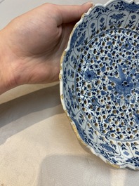 A blue and white Dutch Delft Kangxi-style strawberry strainer and stand, 18th C.