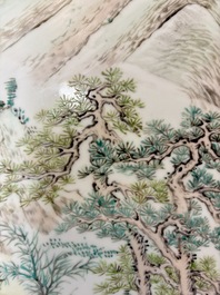A Chinese qianjiang cai &lsquo;Mountainous Landscape&rsquo; plaque-inset hongmu low table , 19/20th C.