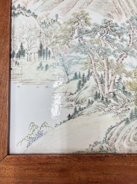 A Chinese qianjiang cai &lsquo;Mountainous Landscape&rsquo; plaque-inset hongmu low table , 19/20th C.