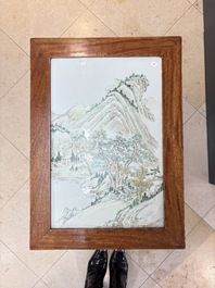 A Chinese qianjiang cai &lsquo;Mountainous Landscape&rsquo; plaque-inset hongmu low table , 19/20th C.