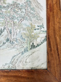 A Chinese qianjiang cai &lsquo;Mountainous Landscape&rsquo; plaque-inset hongmu low table , 19/20th C.