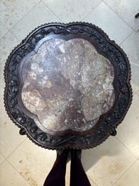 Two finely carved Chinese marble-topped hongmu stands, 19th C.
