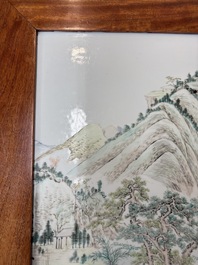 A Chinese qianjiang cai &lsquo;Mountainous Landscape&rsquo; plaque-inset hongmu low table , 19/20th C.