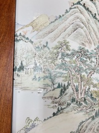 A Chinese qianjiang cai &lsquo;Mountainous Landscape&rsquo; plaque-inset hongmu low table , 19/20th C.