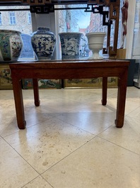 A Chinese qianjiang cai &lsquo;Mountainous Landscape&rsquo; plaque-inset hongmu low table , 19/20th C.