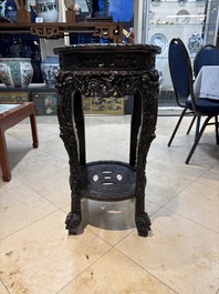 Two finely carved Chinese marble-topped hongmu stands, 19th C.