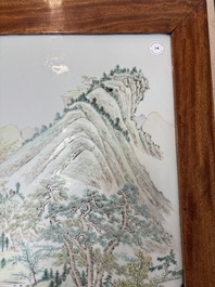 A Chinese qianjiang cai &lsquo;Mountainous Landscape&rsquo; plaque-inset hongmu low table , 19/20th C.