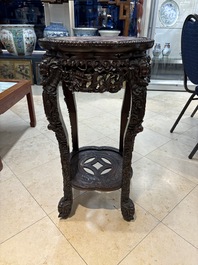 Two finely carved Chinese marble-topped hongmu stands, 19th C.