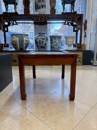 A Chinese qianjiang cai &lsquo;Mountainous Landscape&rsquo; plaque-inset hongmu low table , 19/20th C.