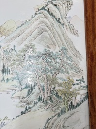 A Chinese qianjiang cai &lsquo;Mountainous Landscape&rsquo; plaque-inset hongmu low table , 19/20th C.