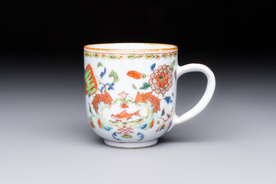 A Chinese famille rose 'Madame de Pompadour' cup and saucer, Qianlong, ca. 1745