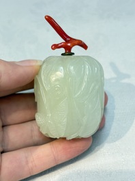 A Chinese carved jade melon-form snuff bottle with a red coral stopper, 1820-1880