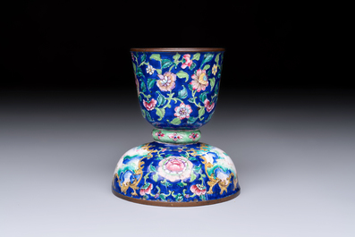 A fine Chinese Canton enamel blue-ground vase with two bunnies, Qianlong