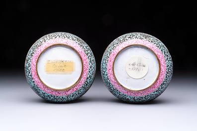 A pair of rare Chinese Canton enamel scent boxes, covers and inner liners, Qianlong