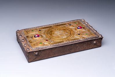 Attributed to Alfred Daguet (Paris, 1875-1942): A Gothic Revival cabochon-mounted repouss&eacute; brass and wrought iron casket, France, ca. 1900