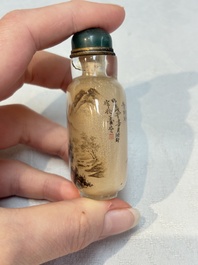 A Chinese rock crystal and two glass inside painted snuff bottles, 19/20th C., with a signed copy of 'Chinese Inside Painting of the Modern Age', 2005