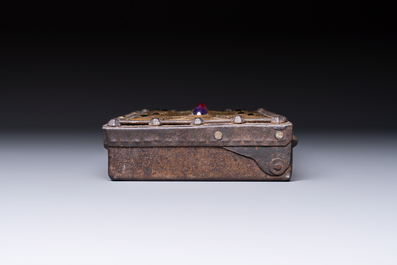 Attributed to Alfred Daguet (Paris, 1875-1942): A Gothic Revival cabochon-mounted repouss&eacute; brass and wrought iron casket, France, ca. 1900