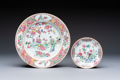 A Chinese famille rose 'Xi Xiang Ji' plate, a 'Rooster' saucer, and a 'Lowestoft' covered teapot, Yongzheng/Qianlong