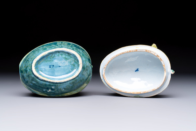 A polychrome Dutch Delft melon-shaped tureen and cover on leaf-shaped stand, 18th C.