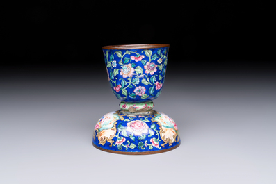 A fine Chinese Canton enamel blue-ground vase with a romantic scene, Qianlong