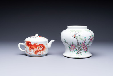 Two Chinese famille rose vases, two jars, a 'Lions' covered teapot and a Buddha, signed Mao Zirong 毛子榮 and Liu Jishun 劉吉順, 19/20th C.