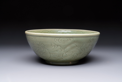 A large Chinese Longquan celadon 'Floral' bowl, Ming