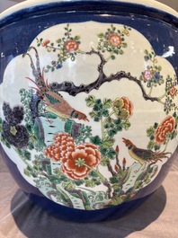 A Chinese famille verte blue-ground fishbowl with narrative design, 19th C.
