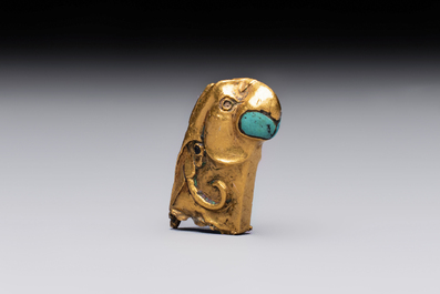 A rare Chinese turquoise- and glass-inlaid gold fitting in the form of a parrot, Han