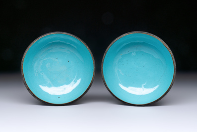 A pair of rare Chinese Canton enamel scent boxes, covers and inner liners, Qianlong