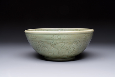 A large Chinese Longquan celadon 'Floral' bowl, Ming