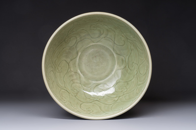 A large Chinese Longquan celadon 'Floral' bowl, Ming