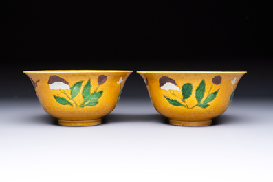 A rare pair of Chinese sancai yellow-ground 'Brinjal' bowls, Tianqi mark, 19th C.
