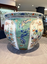 A large famille verte-style 'Flower Basket' scroll pot or fish bowl, Samson, Paris, 19th C.