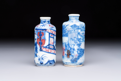 Two Chinese blue, white and copper-red snuff bottles with narrative design, Yongzheng and flower mark, 19th C.