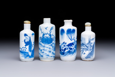 Four Chinese blue and white snuff bottles, 19th C.