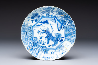 Two Chinese blue and white bowls and a 'Qilin' plate, Wanli/Transitional period